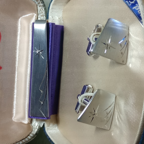 Vtg Marvel Sterling Hand Engraved Cufflink & Tie Bar Set - Picture 2 of 8